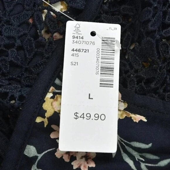 NWT Reitman's Elastic Waist Printed Dress With Crochet Inserts Navy Blue Large - Picture 10 of 13